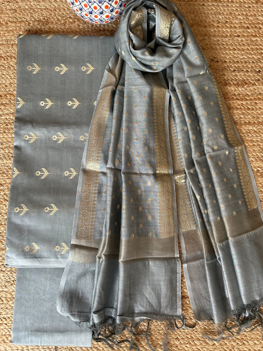 Grey Chanderi handloom Banarsi Booti three piece suit