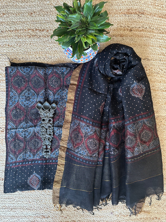 BLACK LINEN AJRAKH SILK HANDBLOCK SUIT SET AL-1017