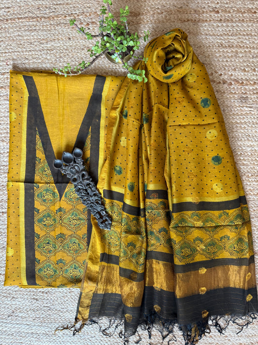 MUSTARD YELLOW AJRAKH CONTEMPORARY CHANDERI SILK HANDBLOCK KURTA SET  WITH  COIN  BUTTA DUPATTA