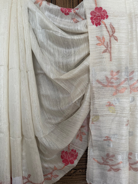 White & Red jamdani handwoven pure Matka  silk certified sari