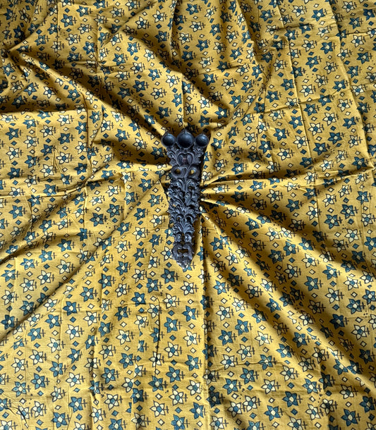 Yellow ajrakh  handcrafted cotton silk un stitched blouse piece