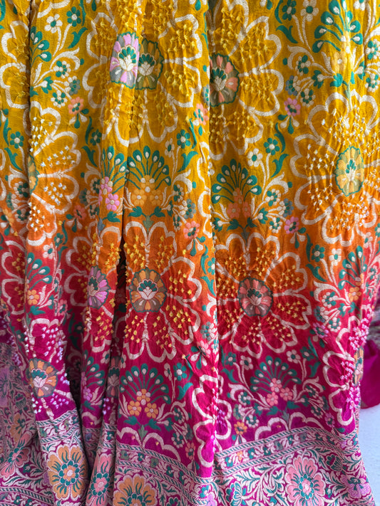 Pink & Yellow dual shade Handwoven Rai  Bareek Bandhani Saree Meenakari Jaal with Khaddi Georgette  Mks-4