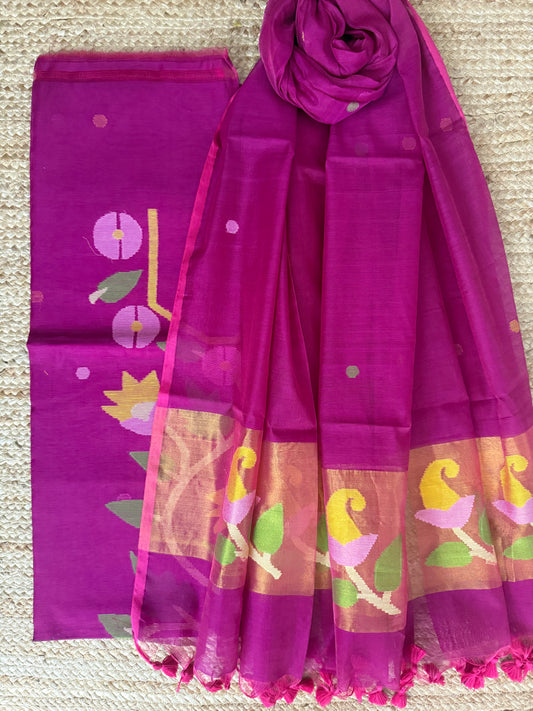 Shocking Pink handwoven jamdani pure cotton silk kurta set mjk-