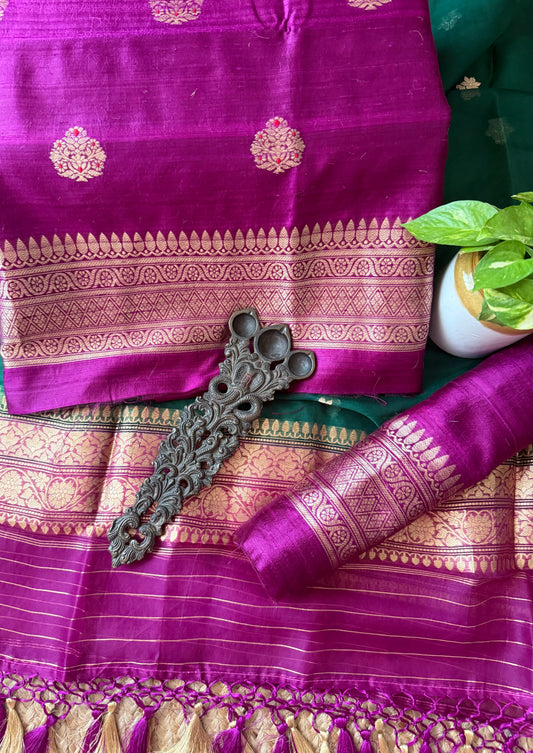 Palatinate Purple raw silk certified handloom banarsi kadwa butti with woven zari three piece suit