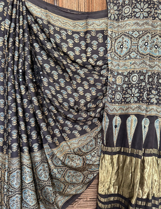 BLACK AJRAKH HANDCRAFTED  MIRROR WORK MODAL SILK SARI