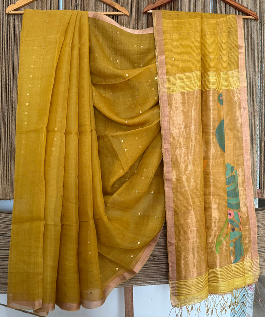Old Yellow Jamdani sequence work handwoven pure muslin silk sari With Matka Silk Blouse Piece