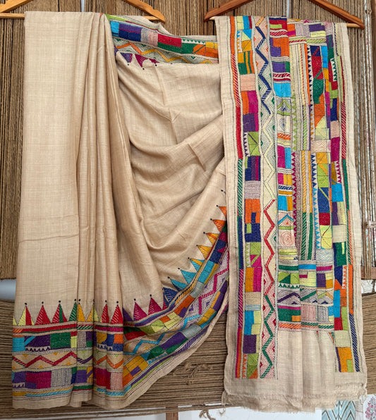 NATURAL BEIGE WITH MULTI THREAD HAND EMBROIDERY KANTHA WORK TUSSAR SILK SARI