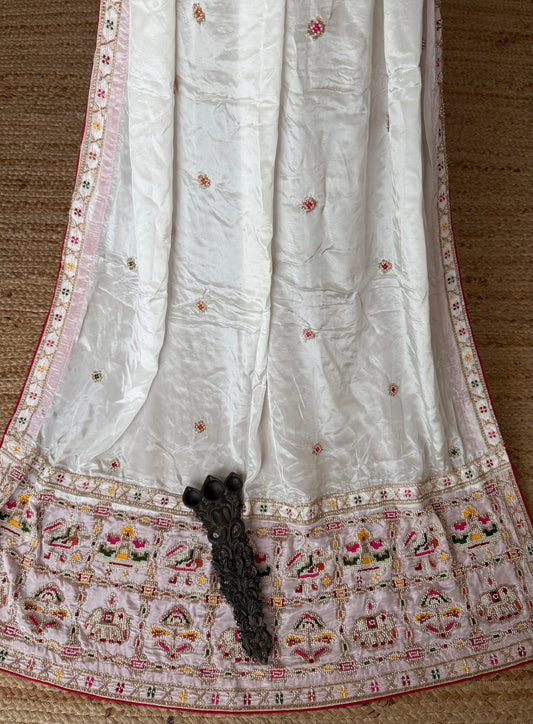 Ivory Pink Elephant motif dupatta chinon silk embroidered dupatta