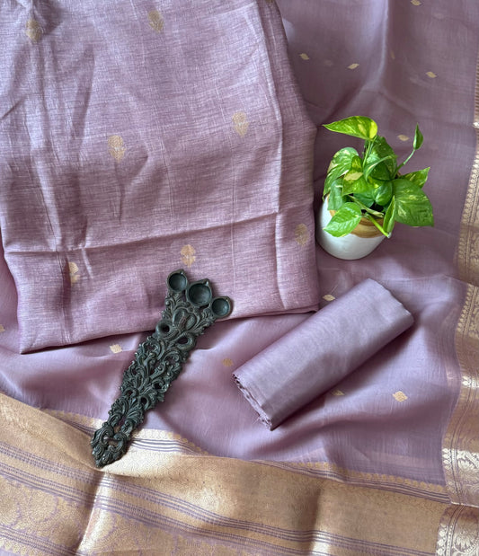 Beaver Brown Linen  handloom banarsi kadwa booti meenakari three piece suit