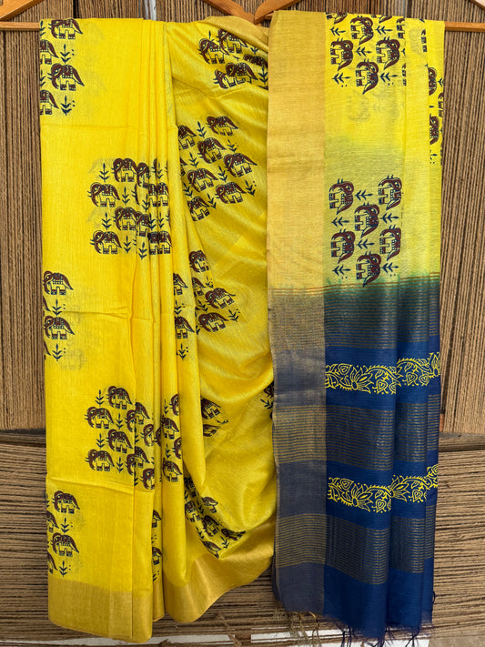 BEAUTIFUL YELLOW & BLUE HANDBLOCK PRINTED SARI IN SEMI TUSSAR WITH BLOUSE