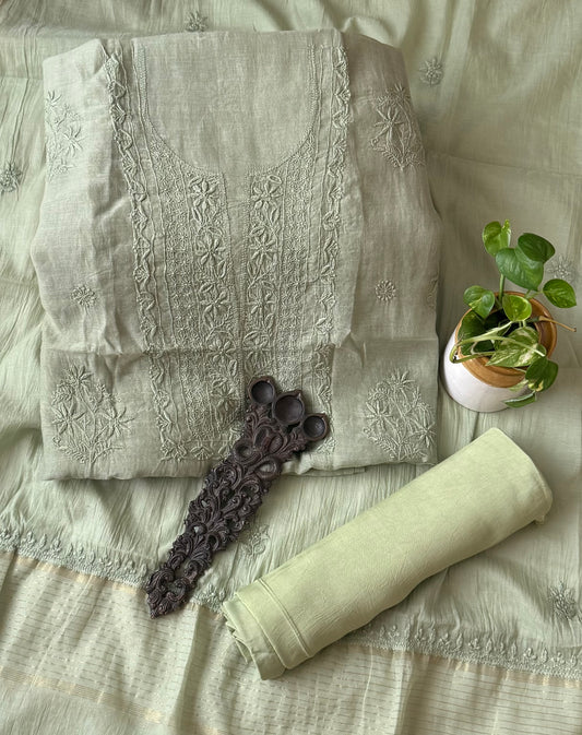 TEA GREEN PREMIUM  CHANDERI COTTON LUCKNOWI CHICKENKARI HAND EMBROIDERY THREE PIECE SUIT