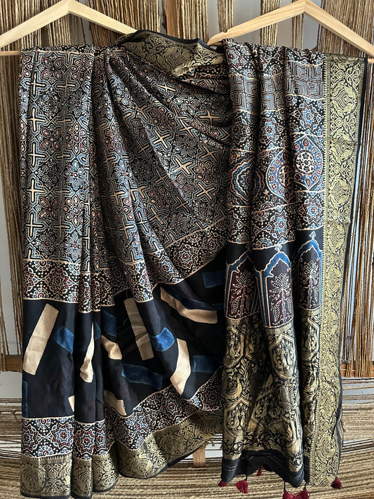 INDIGO BLACK DOLA  SILK AJRAKH ZARI BORDER SARI