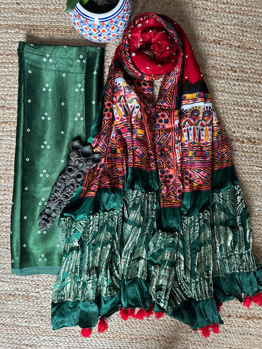 GREEN MASHRU KURTA WITH BANDHANI PICHWAI HANDCRAFTED  MODAL SILK DUPATTAS