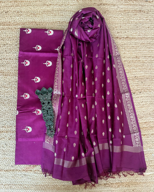 Velvet Purple Chanderi handloom  banarsi booti three piece suit