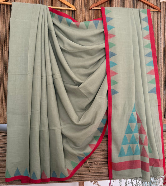 Sage Green handloom cotton needle jamdani wove sari