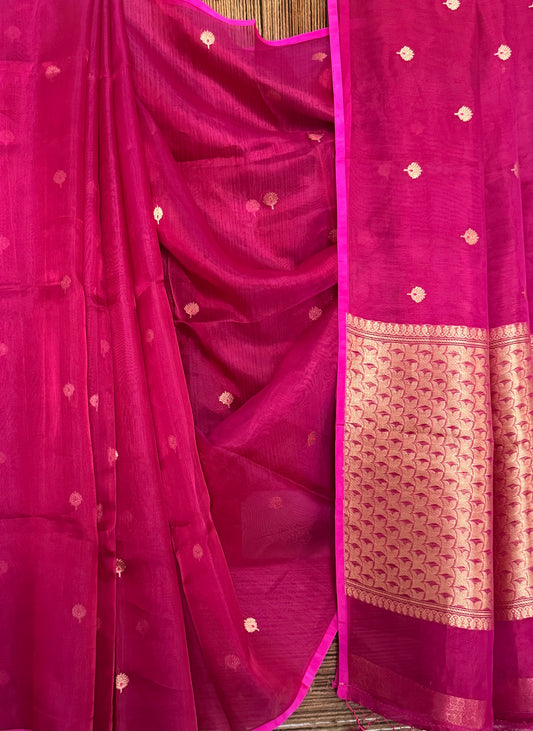 Barbie Pink Kora Tissue silk certified  handloom banarsi sari with woven zari