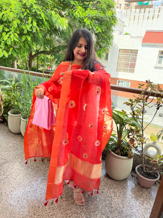 Flamingo Pink Kora silk certified handloom Banarsi kadwa Booti Meenakari three piece suit