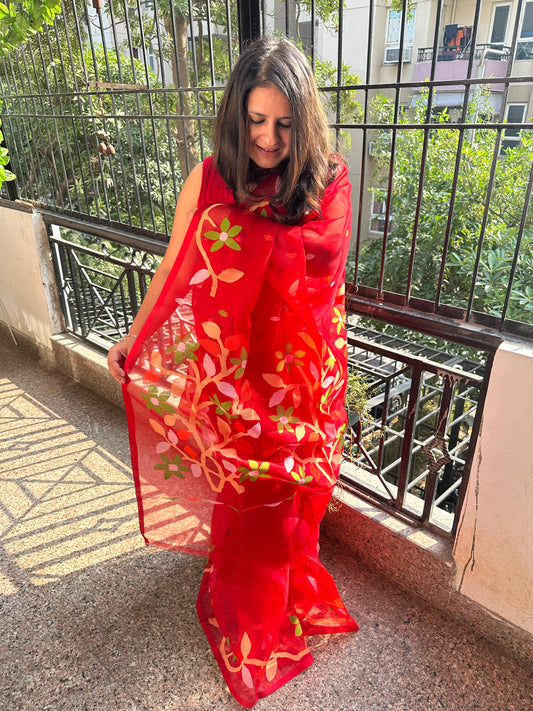 DARK RED JAMDANI HANDWOVEN PURE MUSLIN SILK SARI