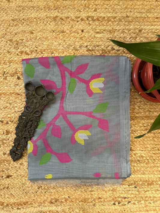 GREY HANDWOVEN PURE MUSLIN SILK SARI