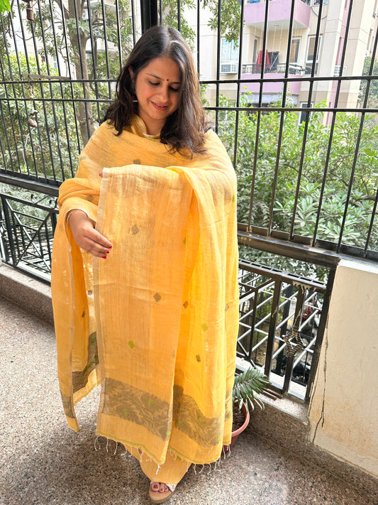 MANGO YELLOW WOVEN LINEN  KURTA SET