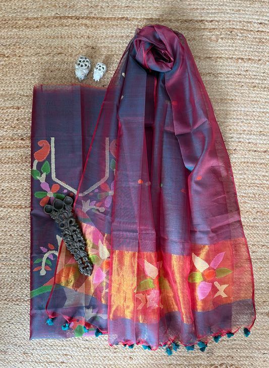 CHESTNUT BROWN HANDWOVEN JAMDANI PURE MUSLIN SILK KURTA SET MJK-113