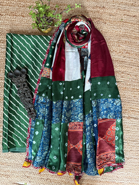 GREEN MASHRU SILK KURTA WITH AJRAKH PATCHWORK  HANDCRAFTED MIRROR WORK MODAL SILK DUPATTA PWK-4