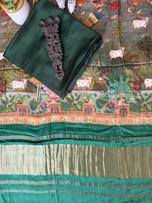 GREEN SOLID MASHRU SILK KURTA WITH  PATOLA PICHWAI HANDCRAFTED MODALSILK DUPATTA