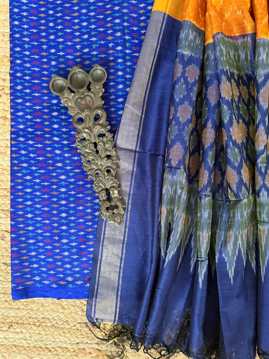 AZURE BLUE IKKAT PURE SILK COTTON HANWOVEN KURTA WITH IKKAT PURE SILK PATOLA HANDWOVEN DUPATTA