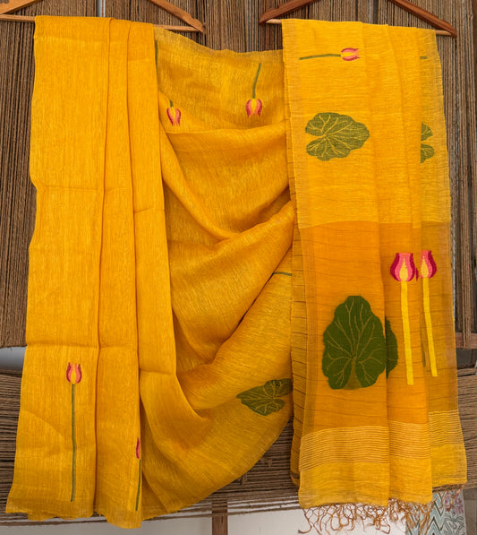 BUTTERCUP YELLOW COPPER TISSUE LINEN JAMDANI HANDWOVEN SARI WITH ELEGANT WOVEN MOTIFS
