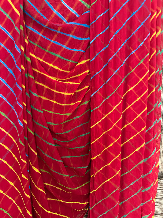 RED MULTI LEHERIYA HANDCRAFTED  CHIFFON SARI CL -1046