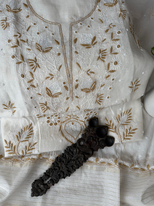WHITE EMBROIDERY PREMIUM MULL CHANDERI LUCKNOWI CHICKENKARI WITH MOTI WORK HAND EMBROIDERY THREE PIECE SUIT