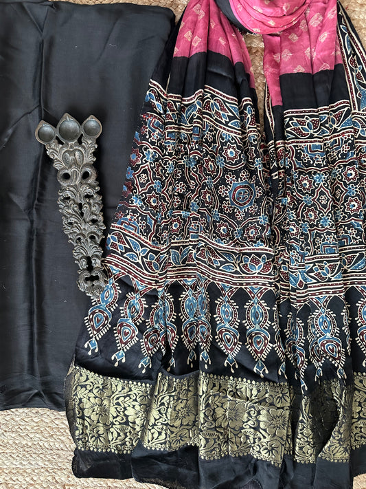 BLACK MODAL SILK KURTA WITH BANDHANI AJRAKH HANDCRAFTED MODAL SILK DUPATTA PS- 10196