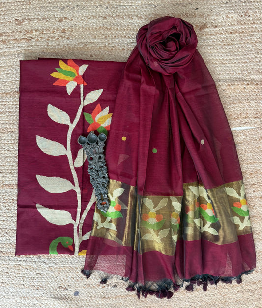 Burnt Maroon handwoven jamdani pure cotton silk kurta set mjk