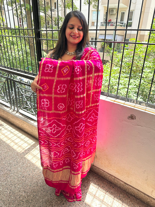 HOT PINK GAJJI SILK RAI BANDHANI  GHARCHOLA SARI