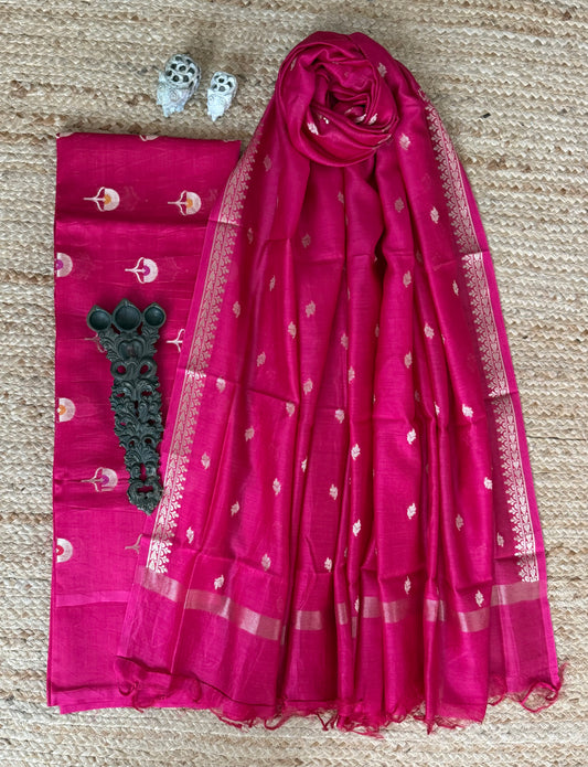 Ruby Pink Chanderi Handloom Banarsi Booti Three Piece Suit