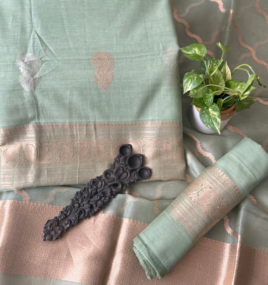 Sage Green Mull cotton certified handloom banarsi kadwa booti three piece suit