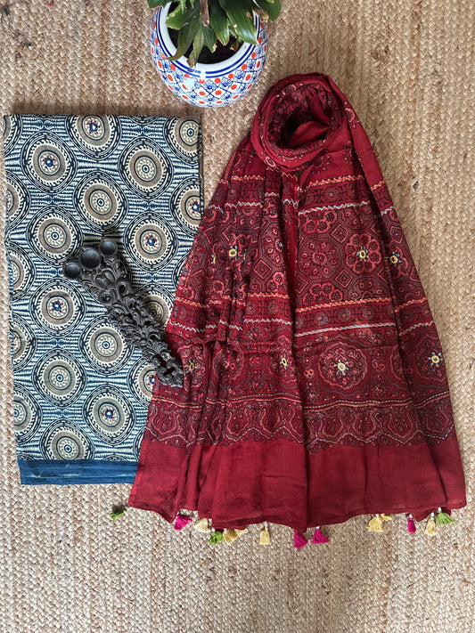 NAVY BLUE AJRAKH HANDBLOCK AND HAND EMBROIDERY KURTA WITH  AJRAKH HAND EMBROIDERY DUPATTA