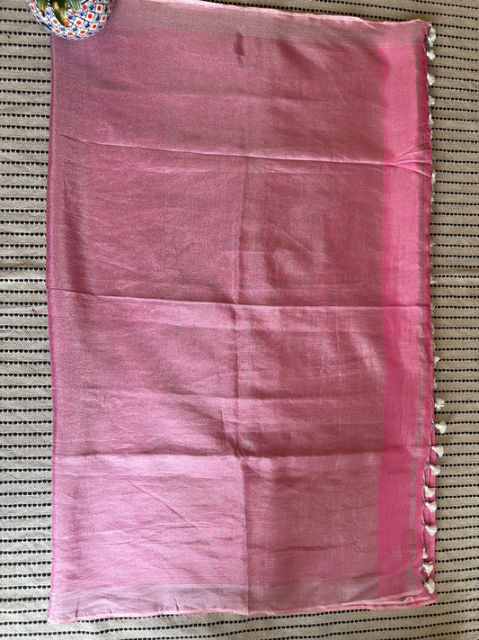 BLUSH PINK TISSUE LINEN ZARI SARI WITH WOVEN MAROON BORDER