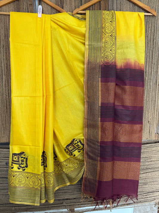 BEAUTIFUL YELLOW HANDBLOCK PRINTED SARI IN SEMI TUSSAR WITH BLOUSE