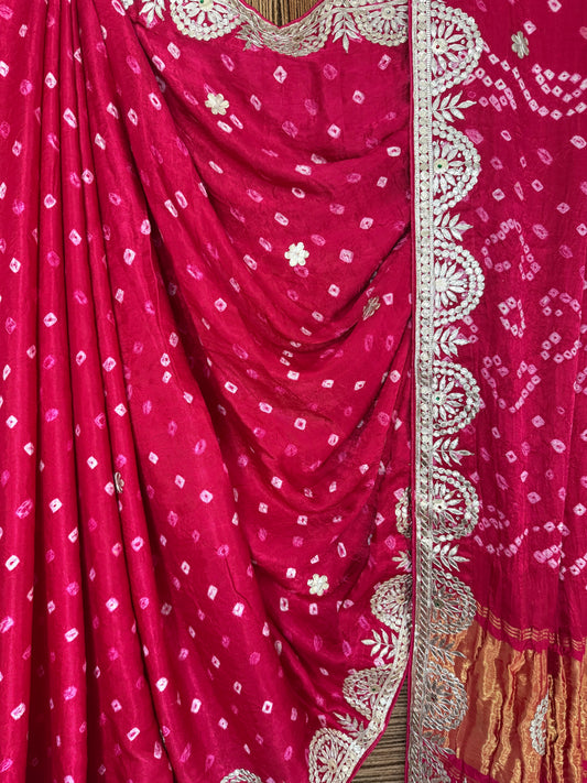 FUCHSIA PINK RAI BANDHANI MODAL SILK SARI WITH HANDEMBROIDERY GOTTA PATTI  BS- 406