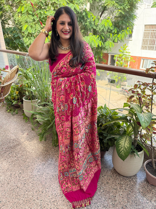 PINK Handwoven Rai  Bareek Bandhani Saree Meenakari Jaal with Khaddi Georgette  Mks-2