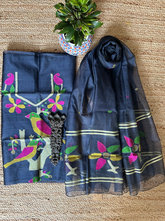 BLACK HANDWOVEN JAMDANI PURE MUSLIN SILK KURTA SET MJK-70