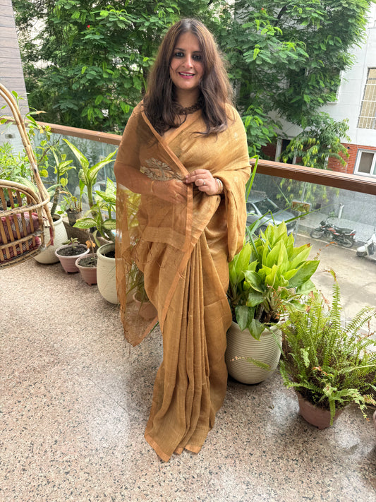 SEND BROWN COPPER TISSUE LINEN JAMDANI HANDWOVEN SARI WITH ELEGANT WOVEN MOTIFS