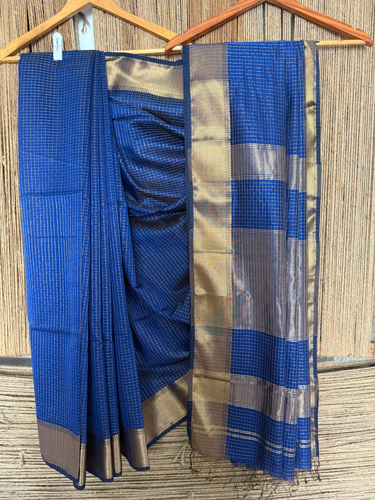 BLUE CHEQ MAHESHWARI SILK HANDLOOM SARI WITH MAHESHWARI BORDER