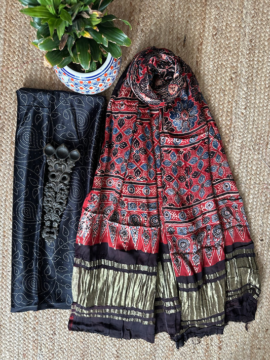 BLACK MASHRU SILK KURTA WITH AJRAKH HANDCRAFTED MODAL SILK DUPATTA MAK -1