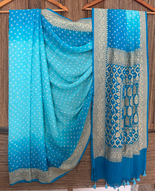Blue Handwoven Neem Zari Bareek Bandhani Saree with Khaddi Georgette BS- 303