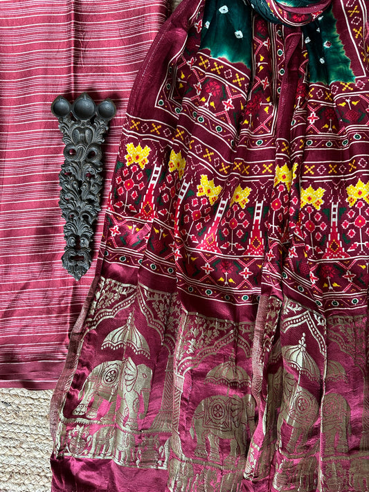 MAROON MASHRU KURTA WITH BANDHANI PATOLA HANDCRAFTED  MODAL SILK DUPATTAS PS- 1042