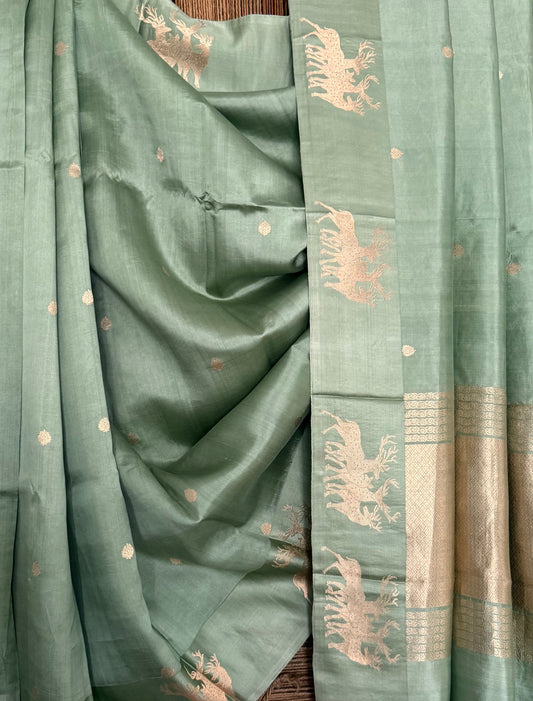 Light Spring Green Mango silk certified  handloom banarsi sari with woven zari
