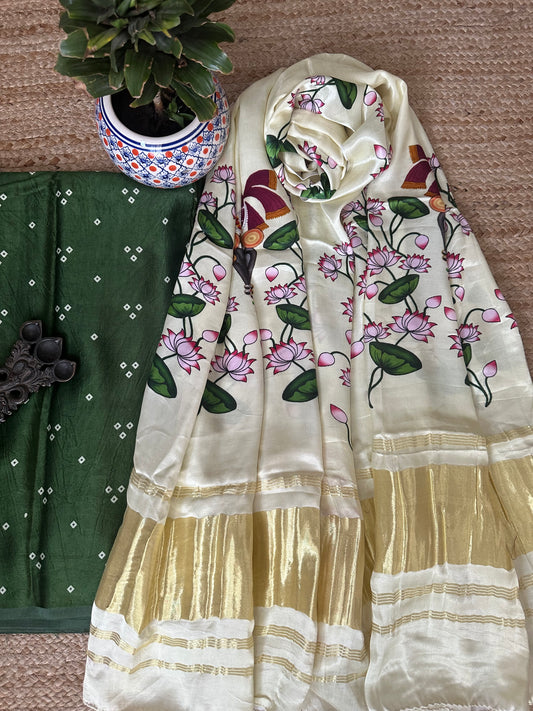 GREEN BANDHANI CREAM PICHWAI  MASHRU  SILK KURTA WITH CREAM  PATOLA HANDCRAFTED MODAL SILK DUPATTA