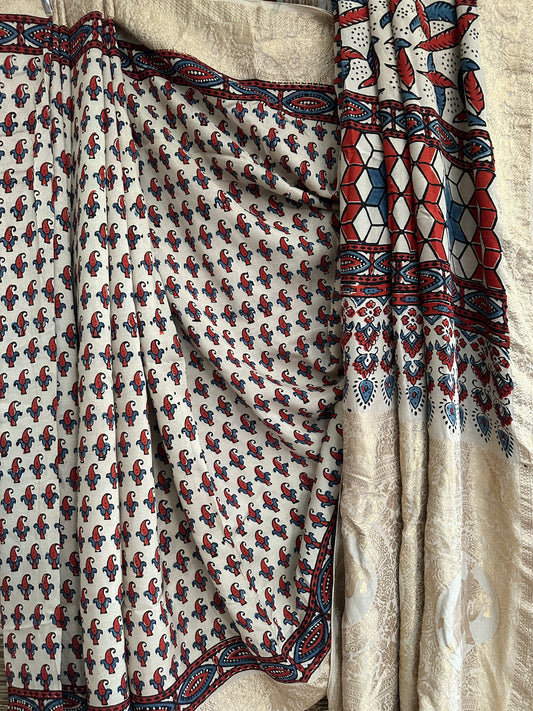 BEIGE BLACK DOLA  SILK AJRAKH ZARI BORDER SARI